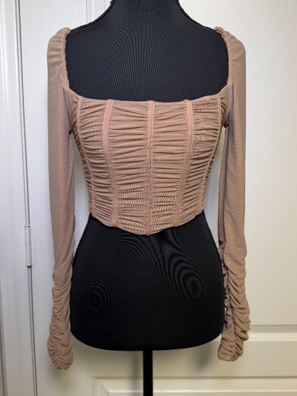 TICTOC Tan Ruched Corset Bustier Crop Top Long Sleeve Square Neck Size S